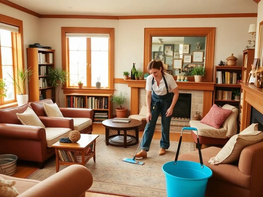 Cleaner in a white shirt and denim apron mopping a rug in a family room with wood trim, bookshelves and a fireplace