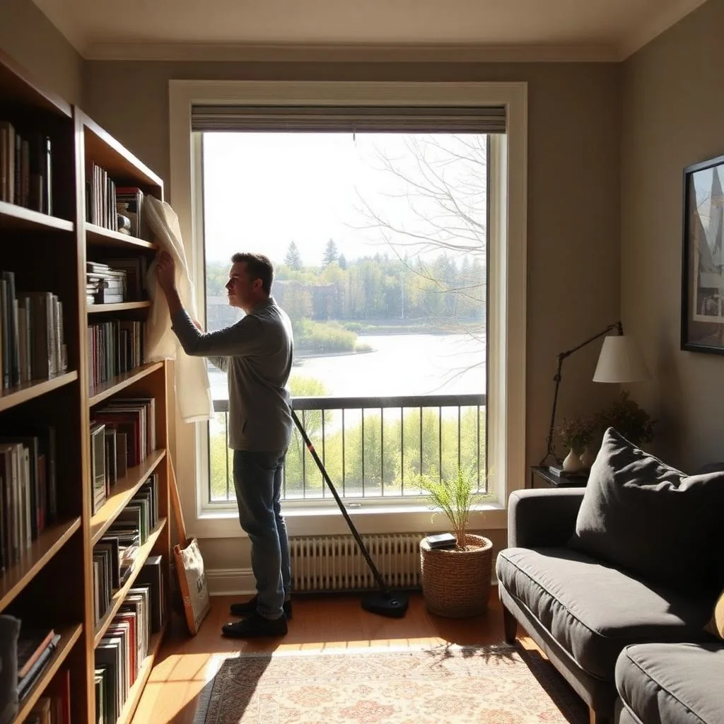 Man dusting a tall bookshelf beside a large window that looks out over a river and trees