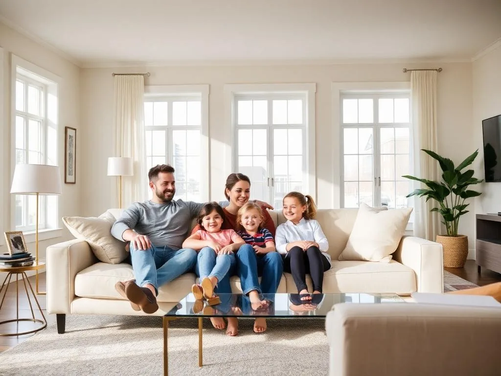 Family of five sitting together on a cream sofa in a bright living room with tall windows