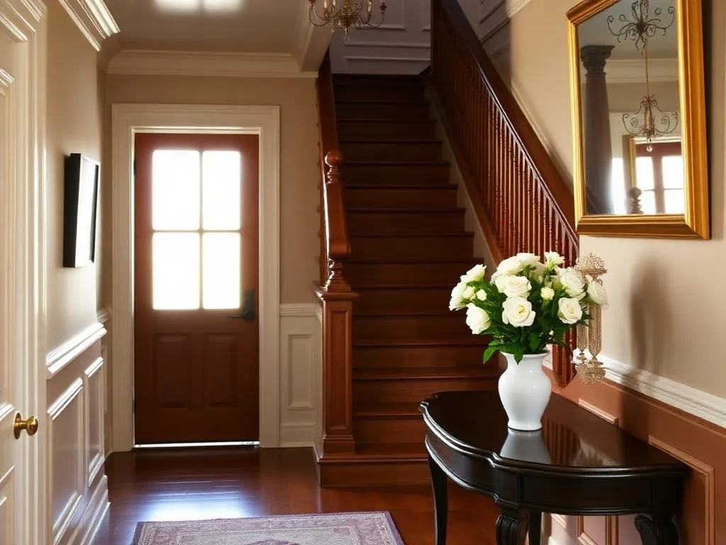 Front hall with dark hardwood floors, a wooden staircase, a gold-framed mirror and white roses on a console table