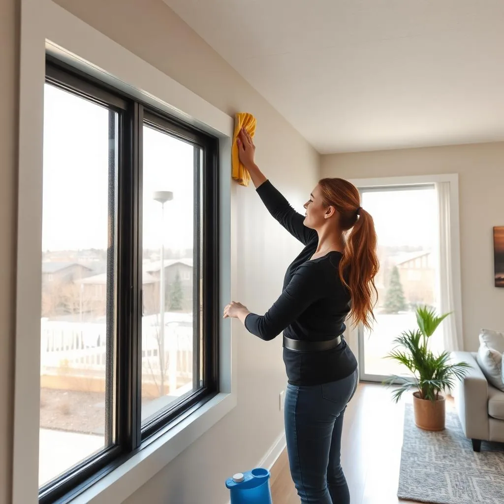 A cleaner wiping a wall with a yellow cloth beside a large black-framed window in a living room