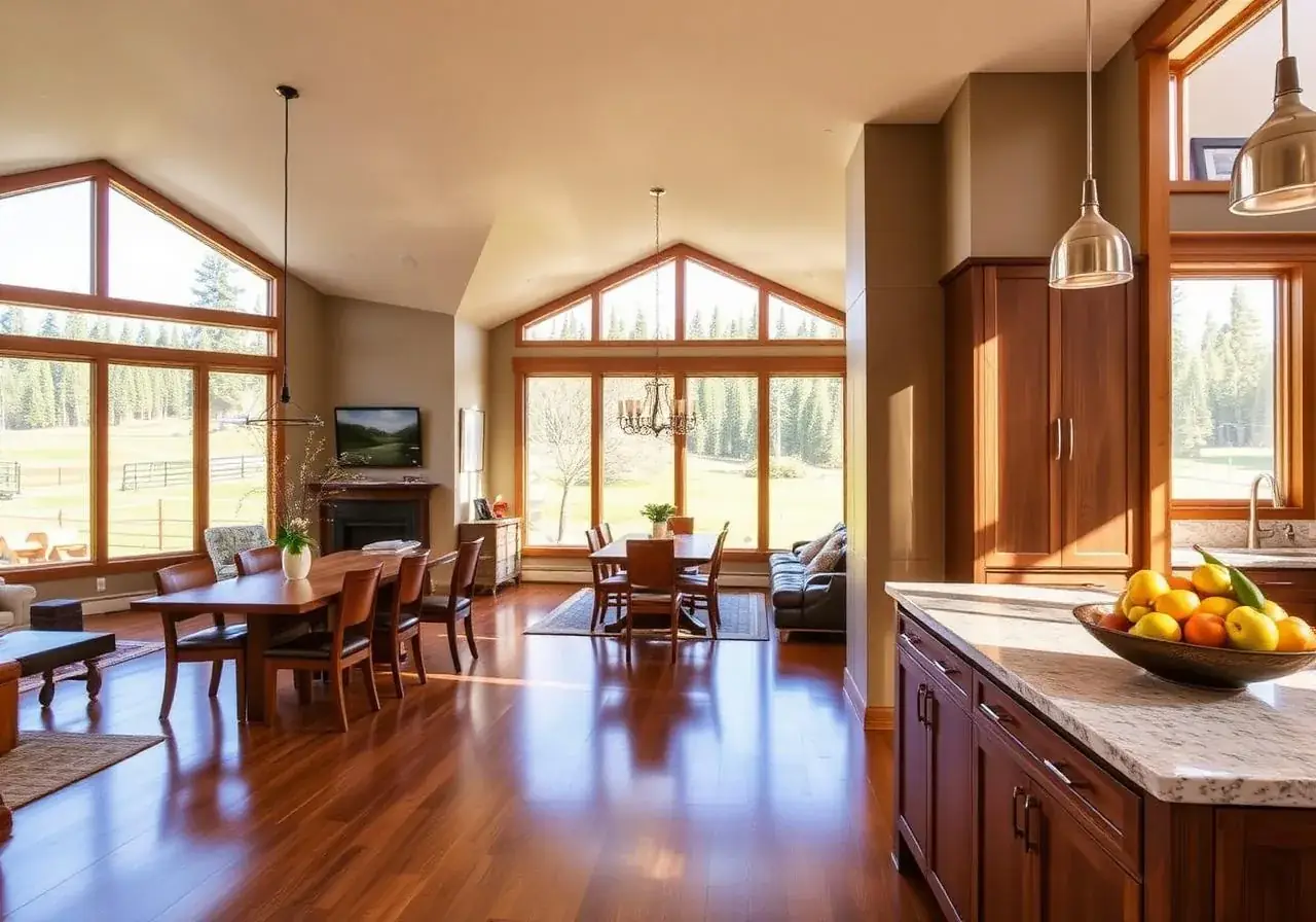 An open-plan room with hardwood floors, a long dining table and tall gabled windows beside a kitchen island