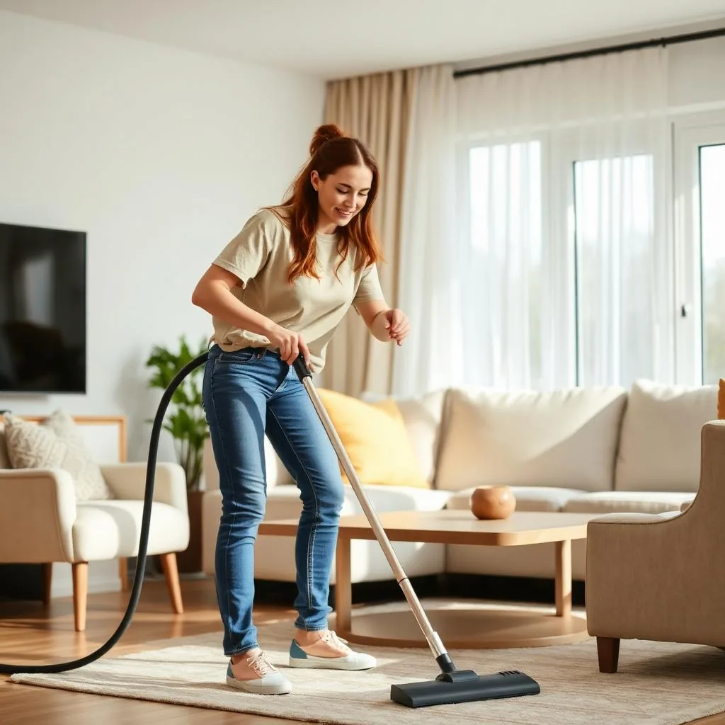 A cleaner vacuuming a cream rug in front of a white sectional sofa in a bright living room