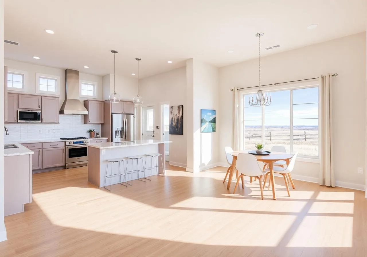 A new open-plan kitchen and dining area with taupe cabinets, a quartz island with three stools and a wide window onto open fields