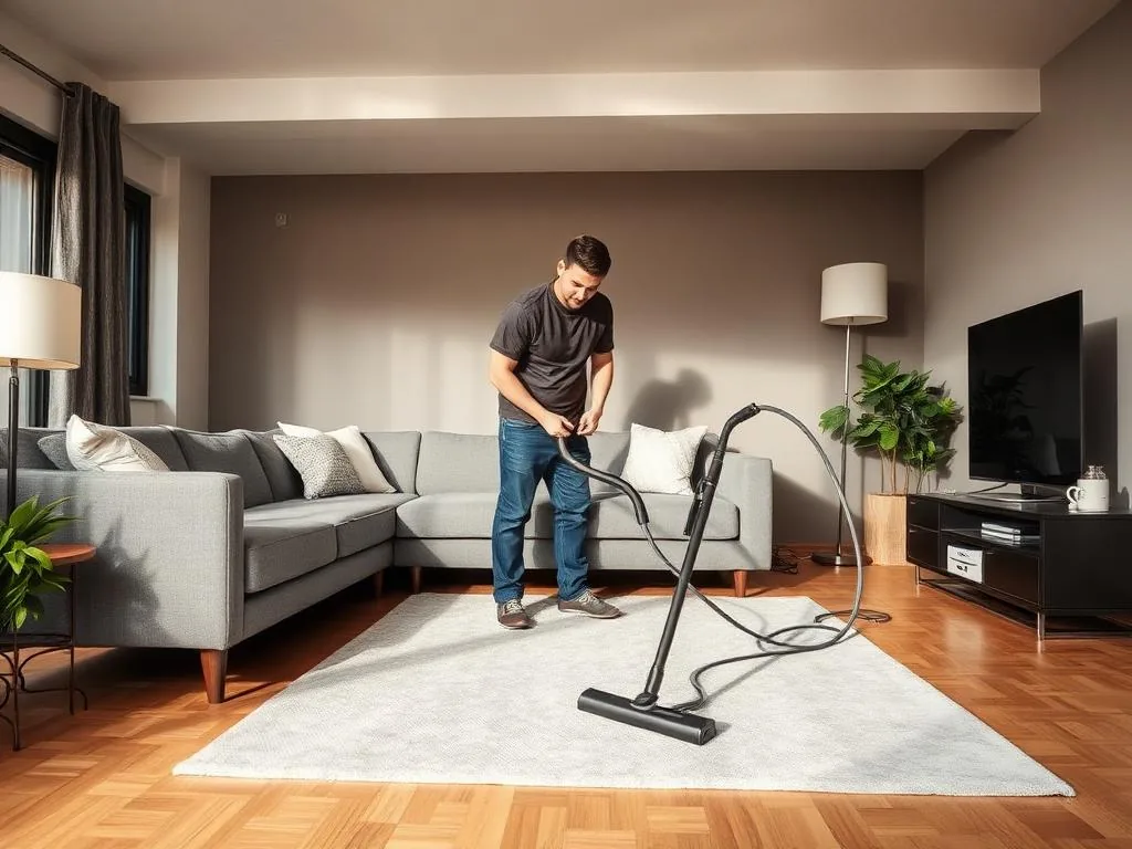 A cleaner vacuuming a pale rug in a living room with a grey sectional sofa