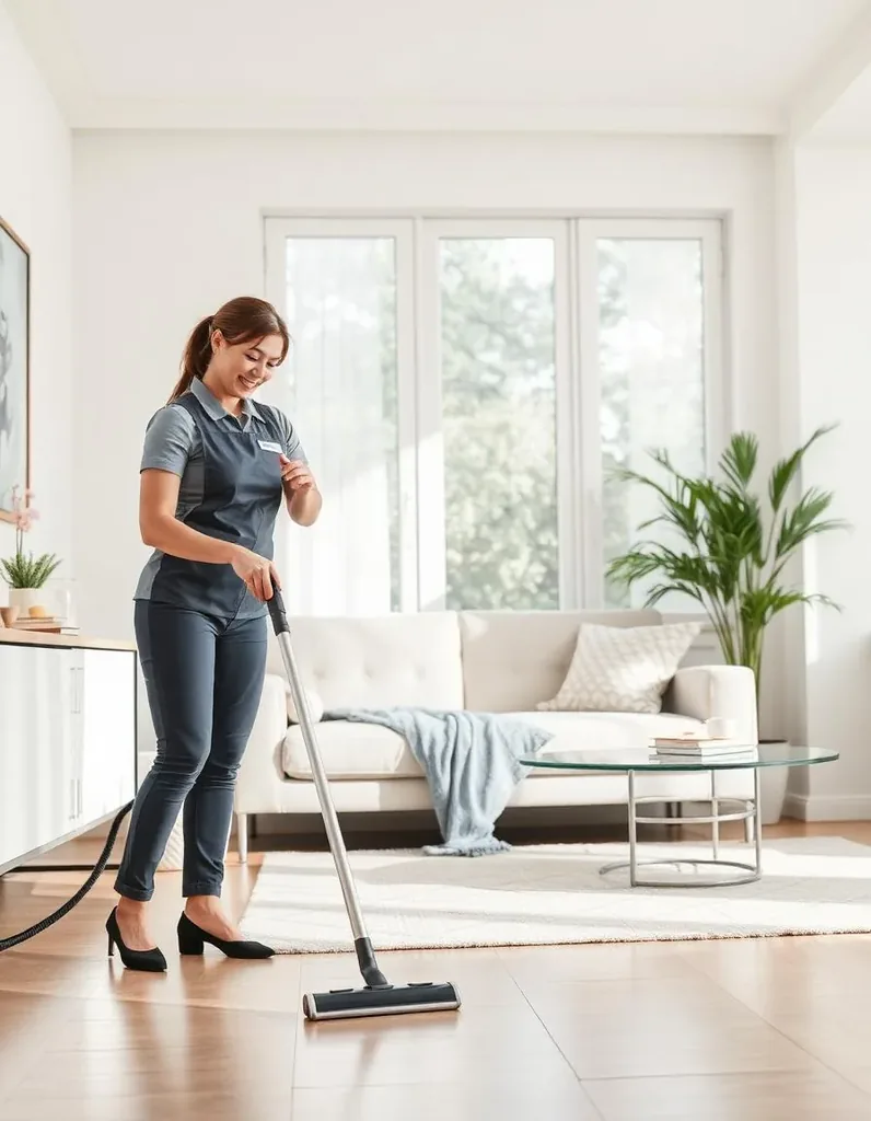 Cleaner in a grey uniform vacuuming a bright living room with a white sofa