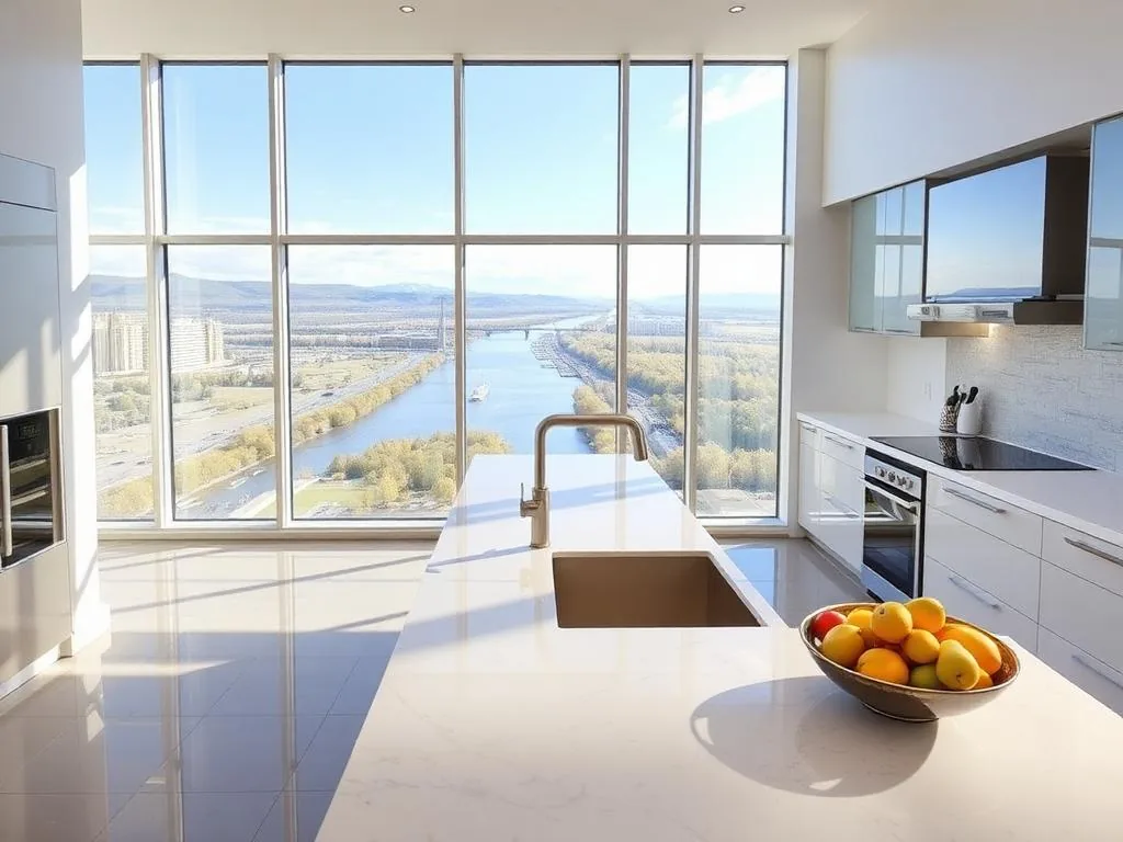 Bright kitchen with a white stone island and floor-to-ceiling windows over a river valley
