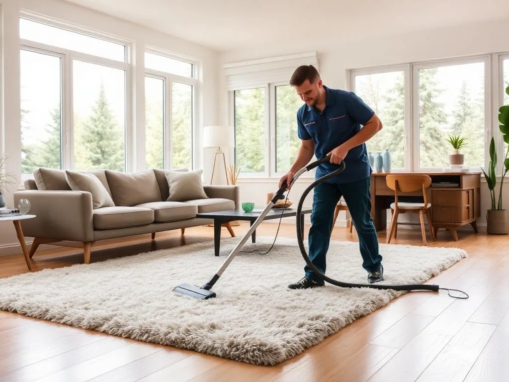 Cleaner in a navy polo shirt vacuuming a white shag rug in a bright living room