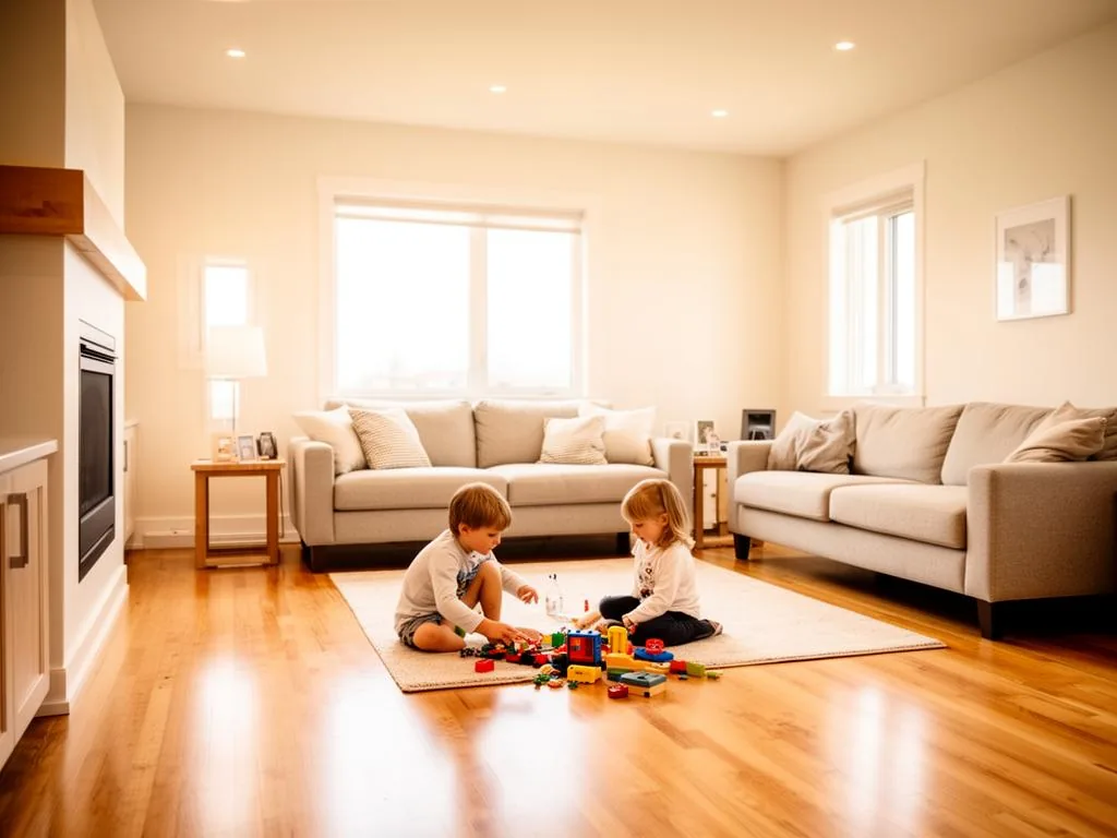 Two children playing with building blocks on a rug in a bright living room