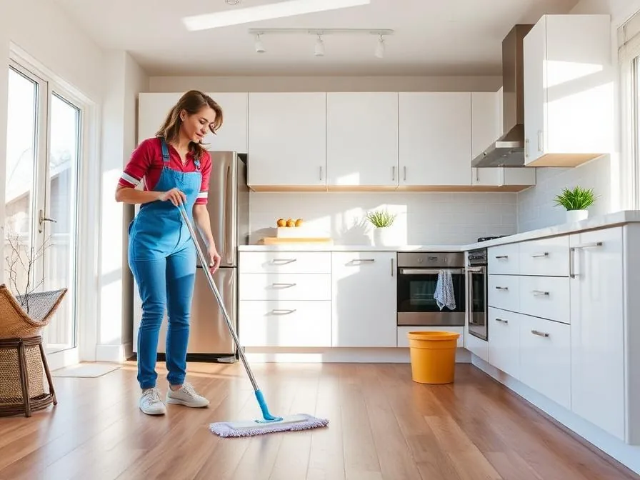 Cleaner in blue overalls mopping the floor of a white kitchen