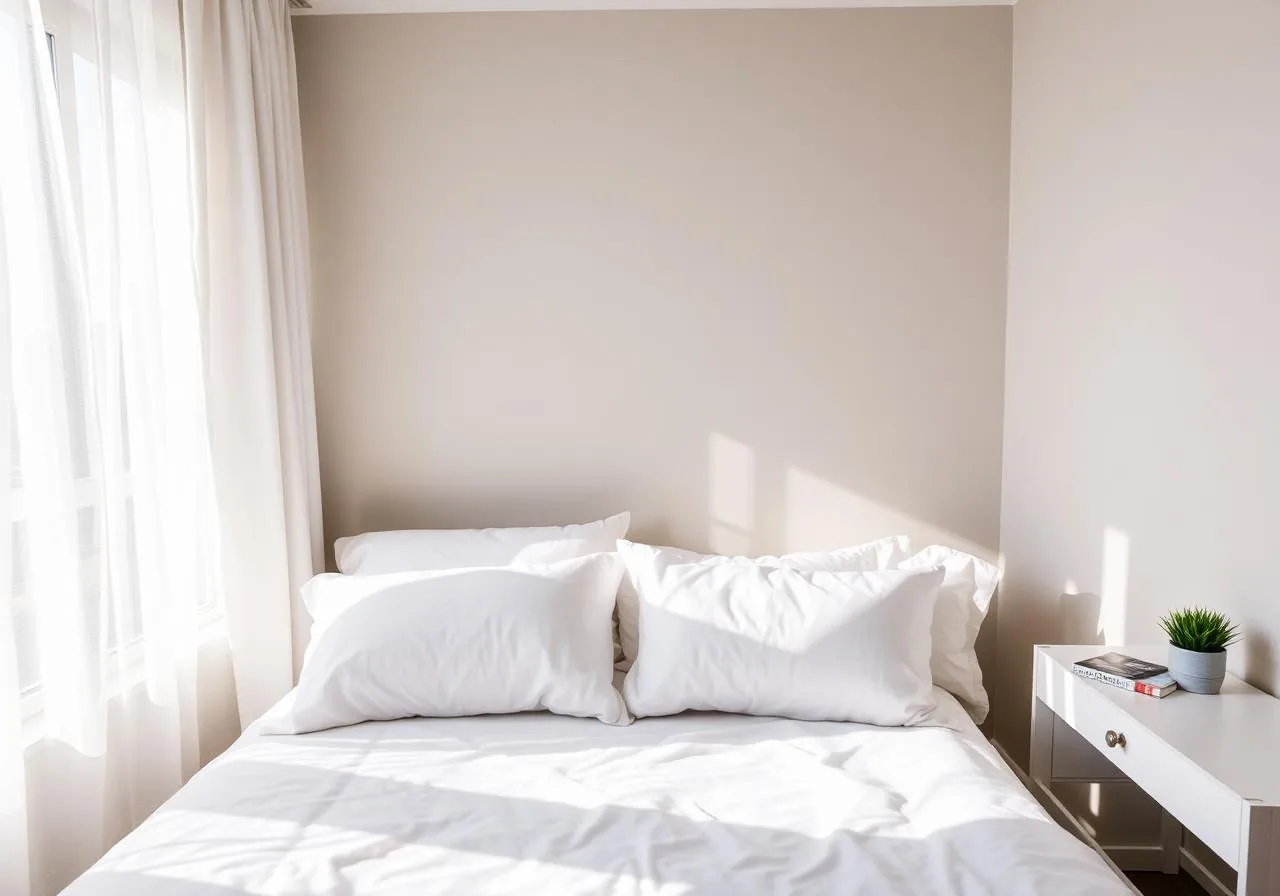 Made bed with white linen beside a sunlit window and a small white side table