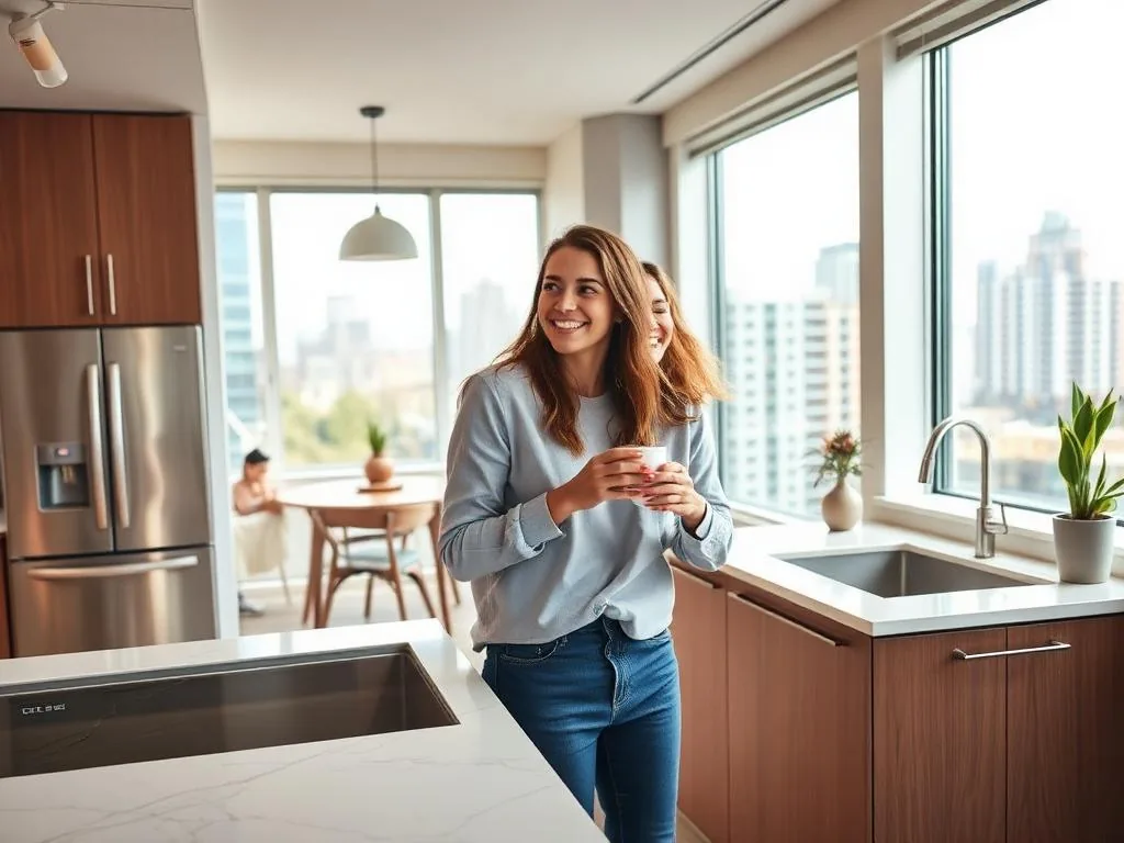 Woman holding a coffee mug in a bright condo kitchen with city towers outside the windows