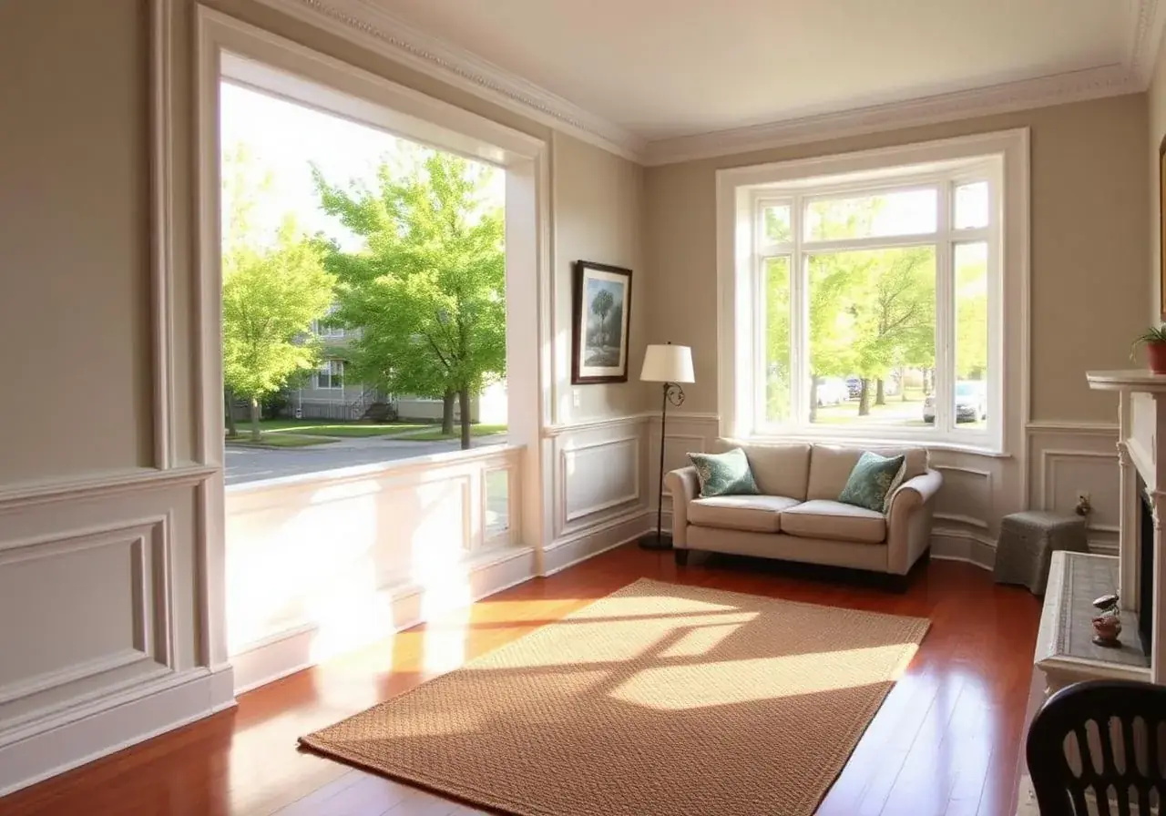A living room with wainscoting, a picture window onto a tree-lined street, a loveseat with teal cushions and a jute rug