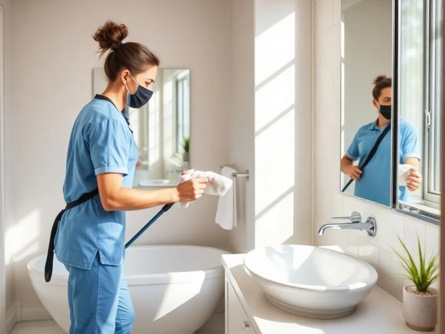Cleaner wiping down a bathroom
