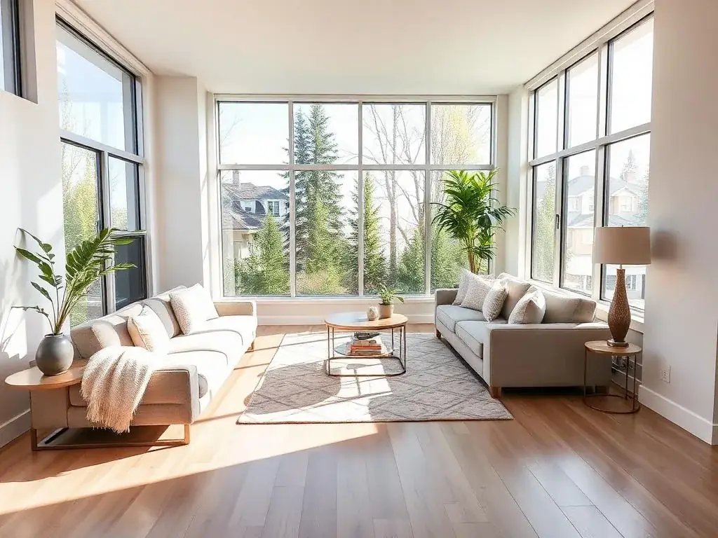 Sunlit living room with two sofas, a patterned rug and tall windows looking onto trees