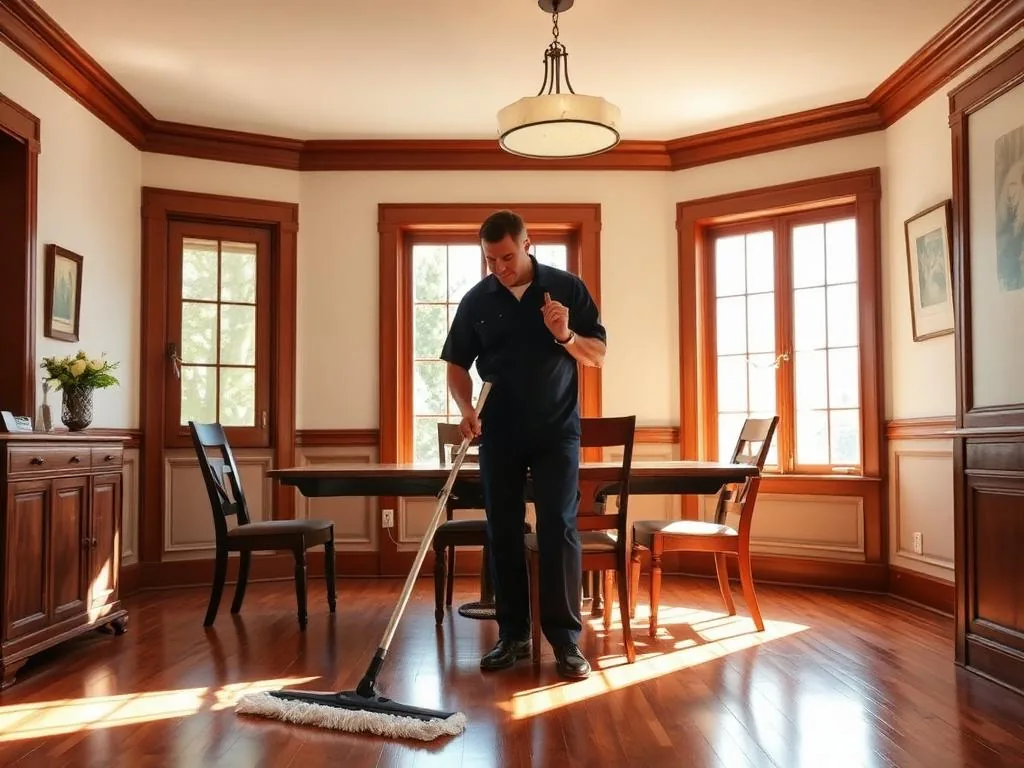 Cleaner mopping the hardwood floor of a dining room
