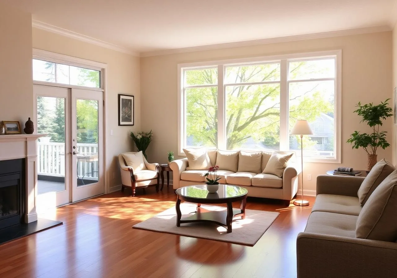 A living room with a fireplace, French doors onto a deck, a cream sofa, an oval glass coffee table and wide windows onto trees