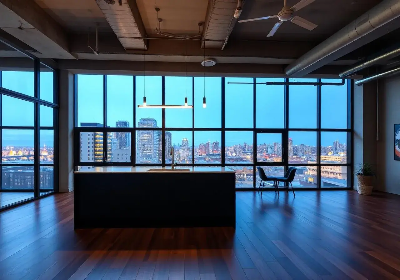 Open loft with a dark kitchen island, exposed ductwork and tall windows onto a city skyline at dusk
