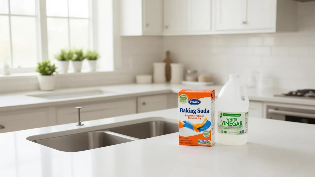 Baking soda and white vinegar on a clean kitchen counter - natural cleaning supplies