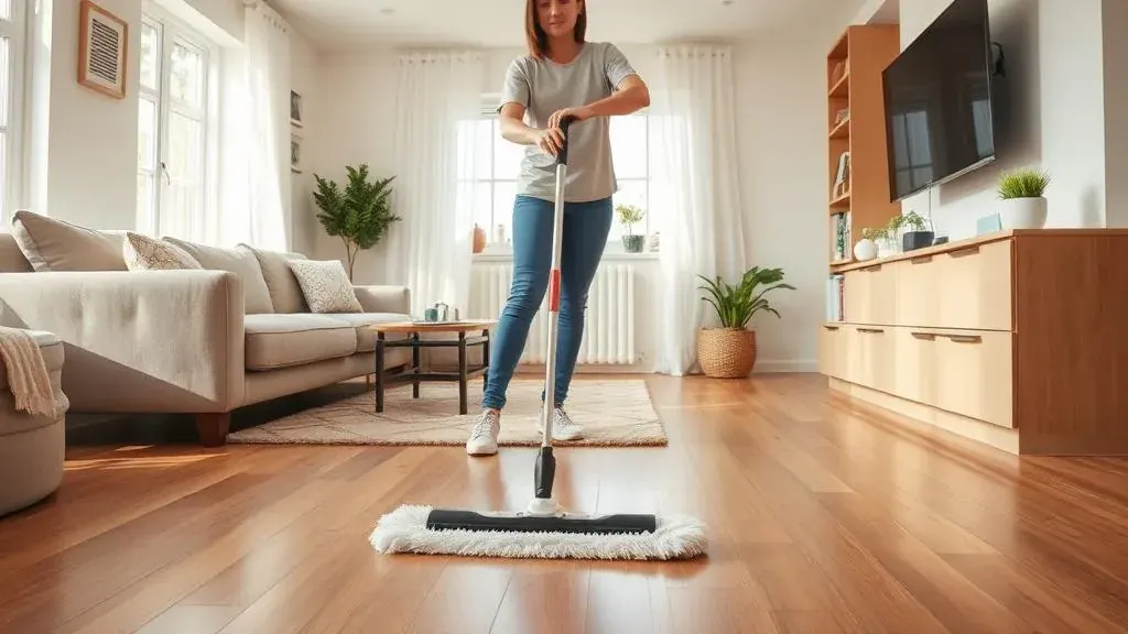 Person mopping hardwood floor in a bright living room