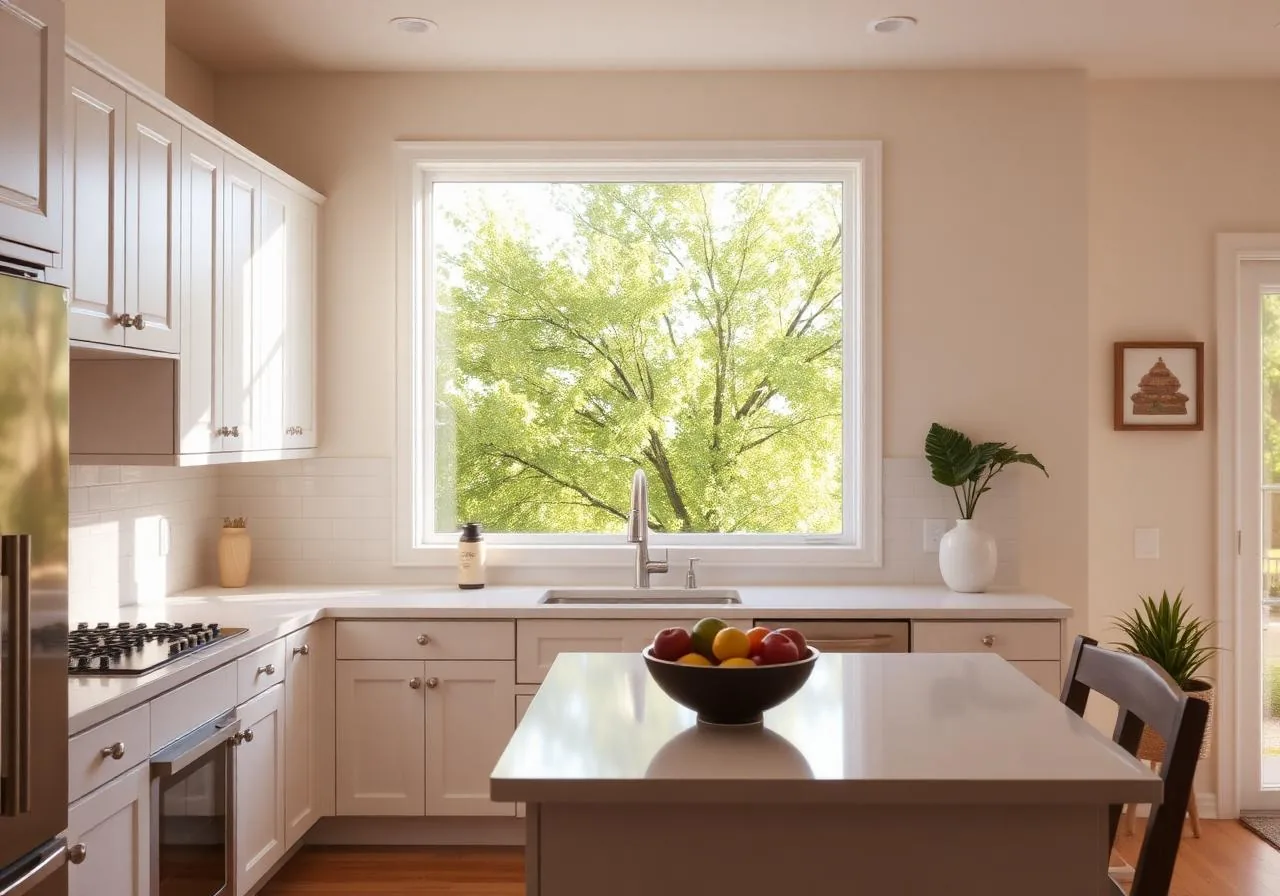 Bright kitchen with white cabinets, an island with a fruit bowl and a large window onto trees