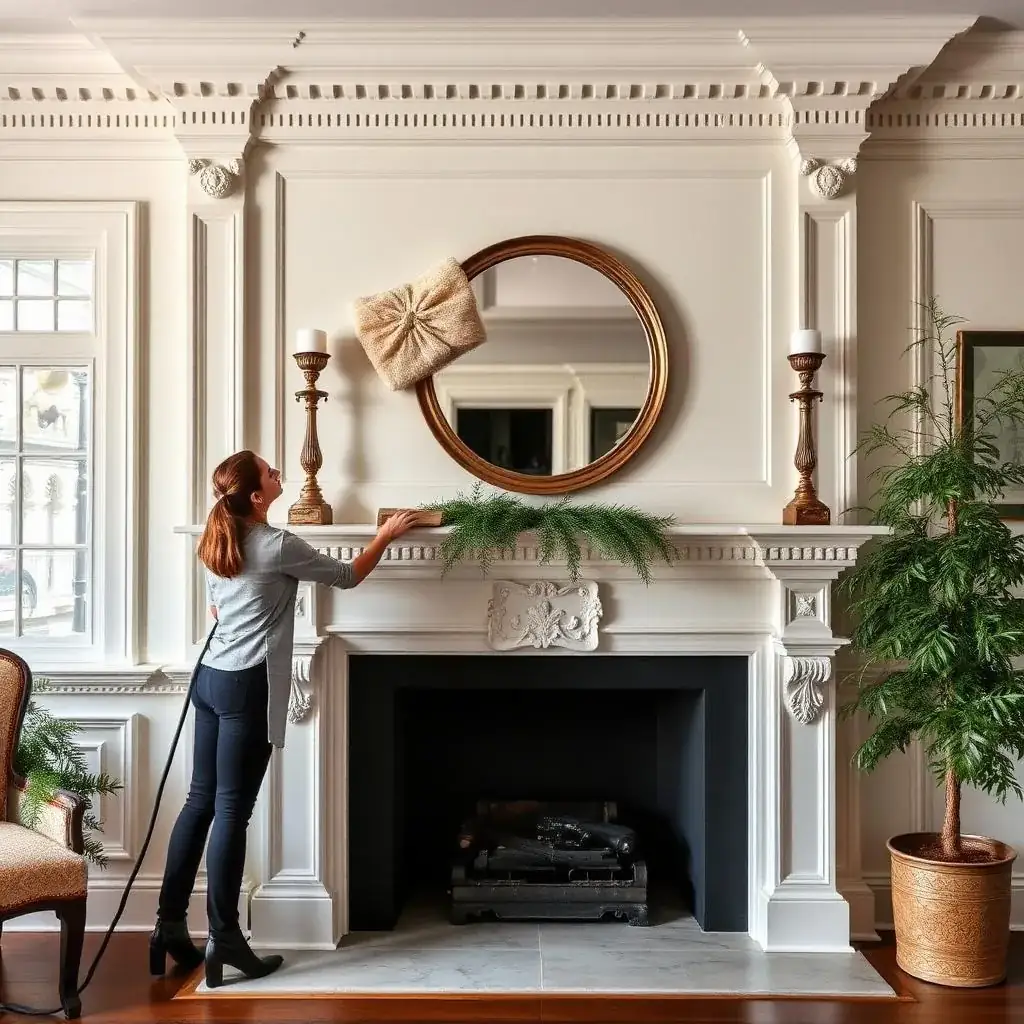 Cleaner wiping a white fireplace mantel below a round gilt mirror