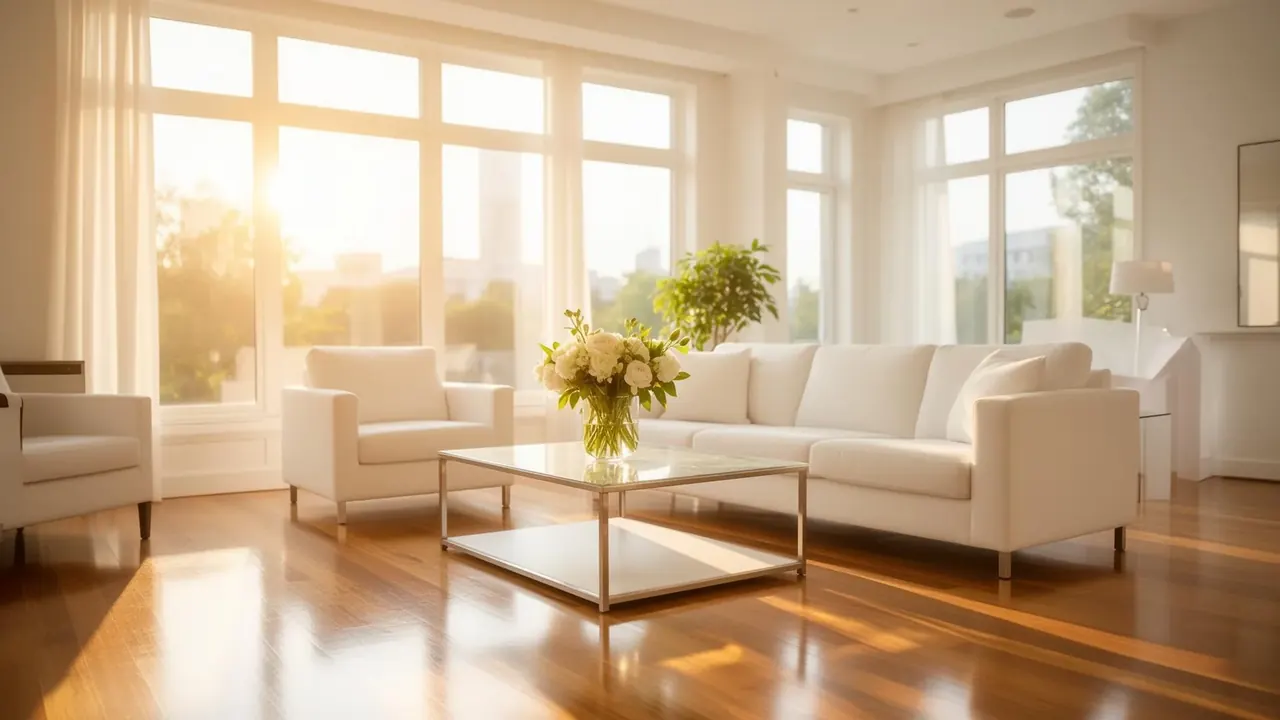 A sunlit living room with white sofas, a glass coffee table and fresh flowers on polished hardwood