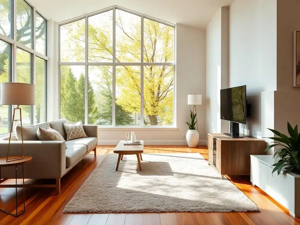 Sunlit living room with hardwood floors