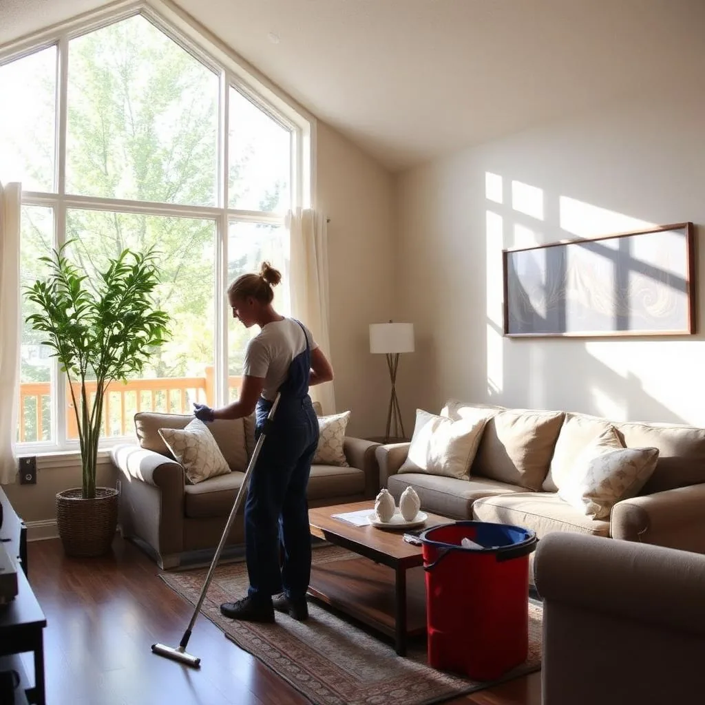 Cleaner mopping a living-room floor beside a sofa and coffee table
